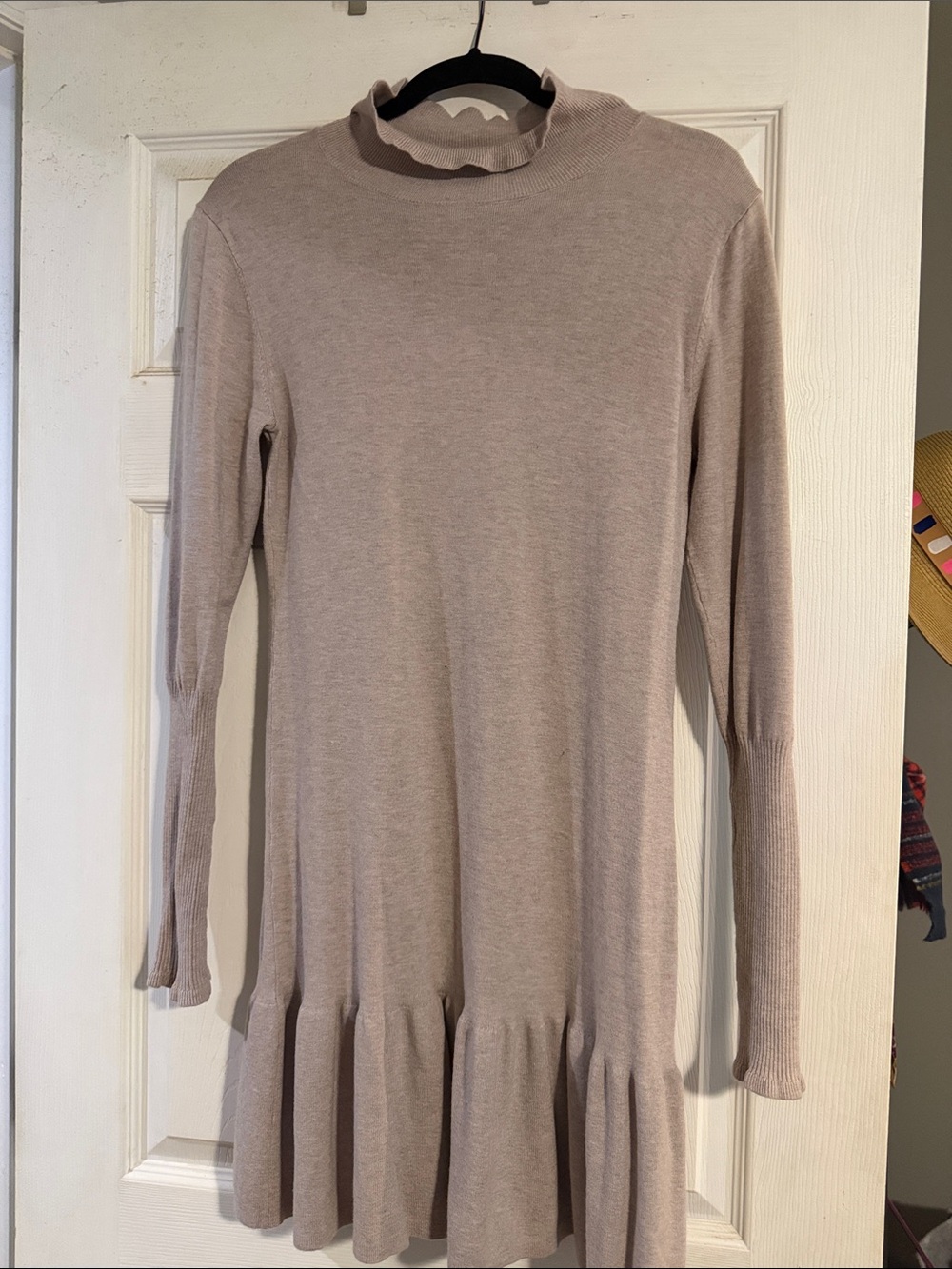 sundays Beige Long Sleeve Ruffle-Hem Mini Dress